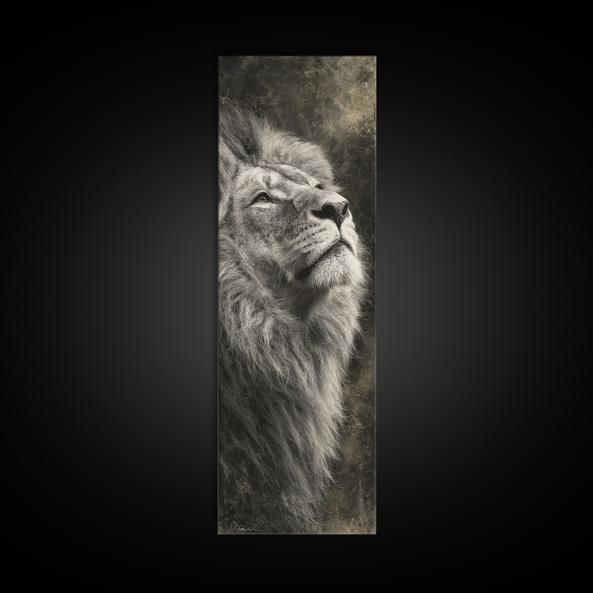 Dramatic Black and White Lion Portrait Canvas Print, Black and White Art, Textured Painting, Living Room Decor, Monochrome, BAW-1x3-53