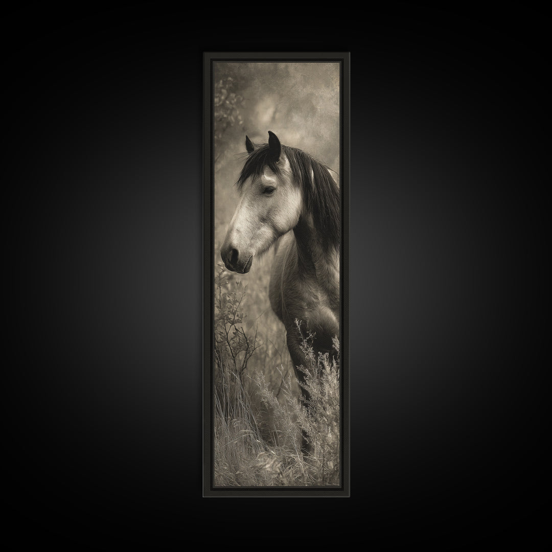 Black and White Wild Horse Portrait Canvas Print, Black and White Art, Halloween Decor, Living Room Decor, Oil Painting, BAW-1x3-65
