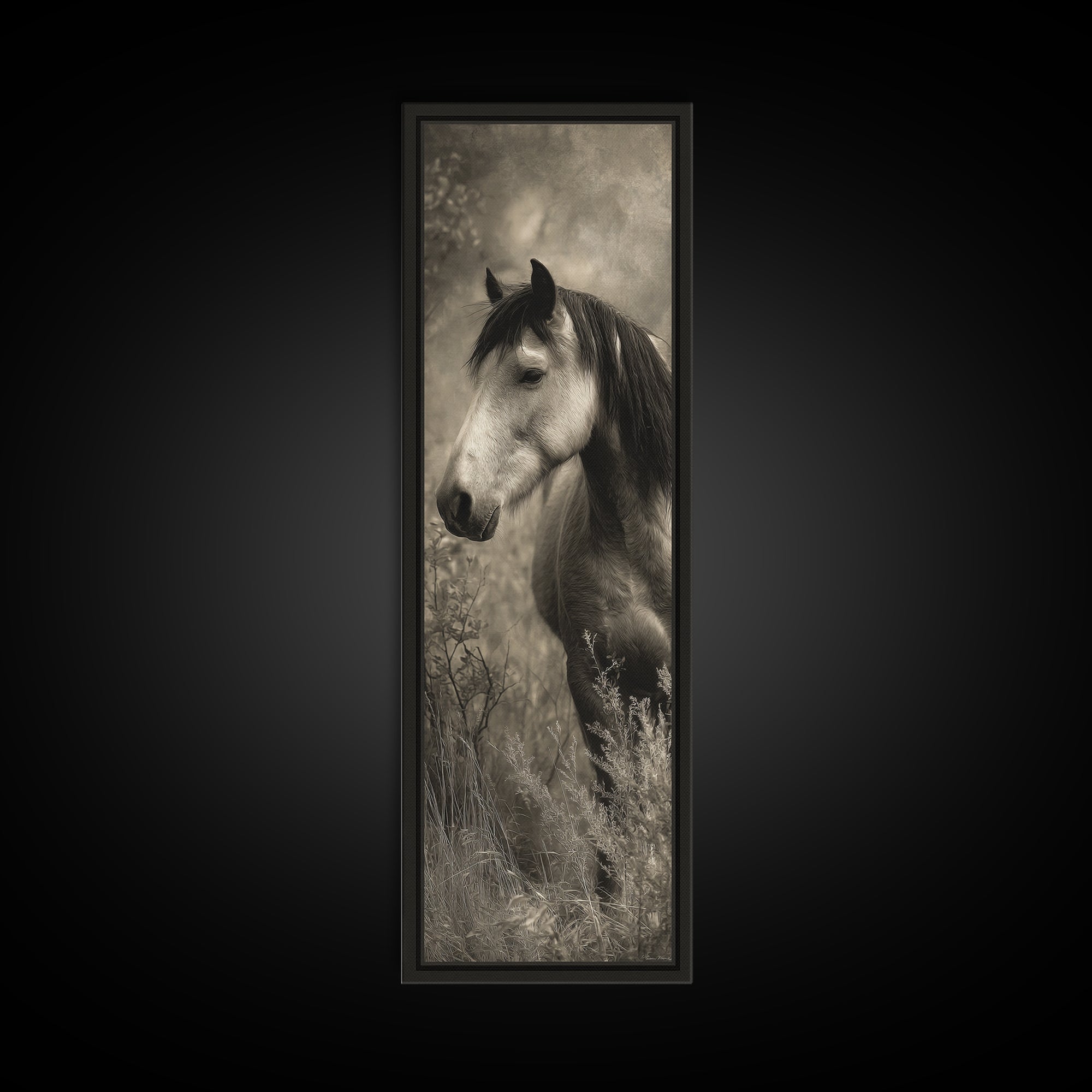 Black and White Wild Horse Portrait Canvas Print, Black and White Art, Halloween Decor, Living Room Decor, Oil Painting, BAW-1x3-65
