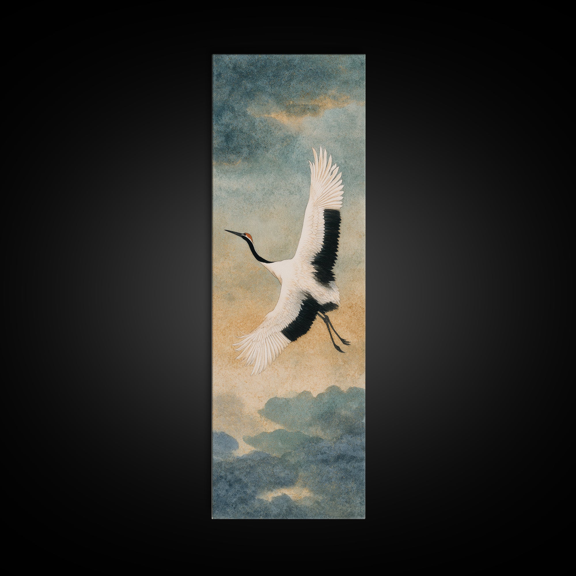 Black Ink Crane Flying Across Empty Sky Canvas Print, Black and White Art, Gothic Decor, Living Room Decor, Monochrome, BAW-1x3-73