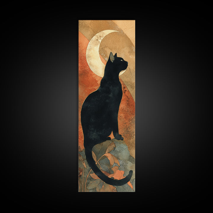 Black Cat Silhouette Framed Canvas Print, Black and White Art, Modern Wall Art, Living Room Decor, Oil Painting, Monochrome, BAW-1x3-76