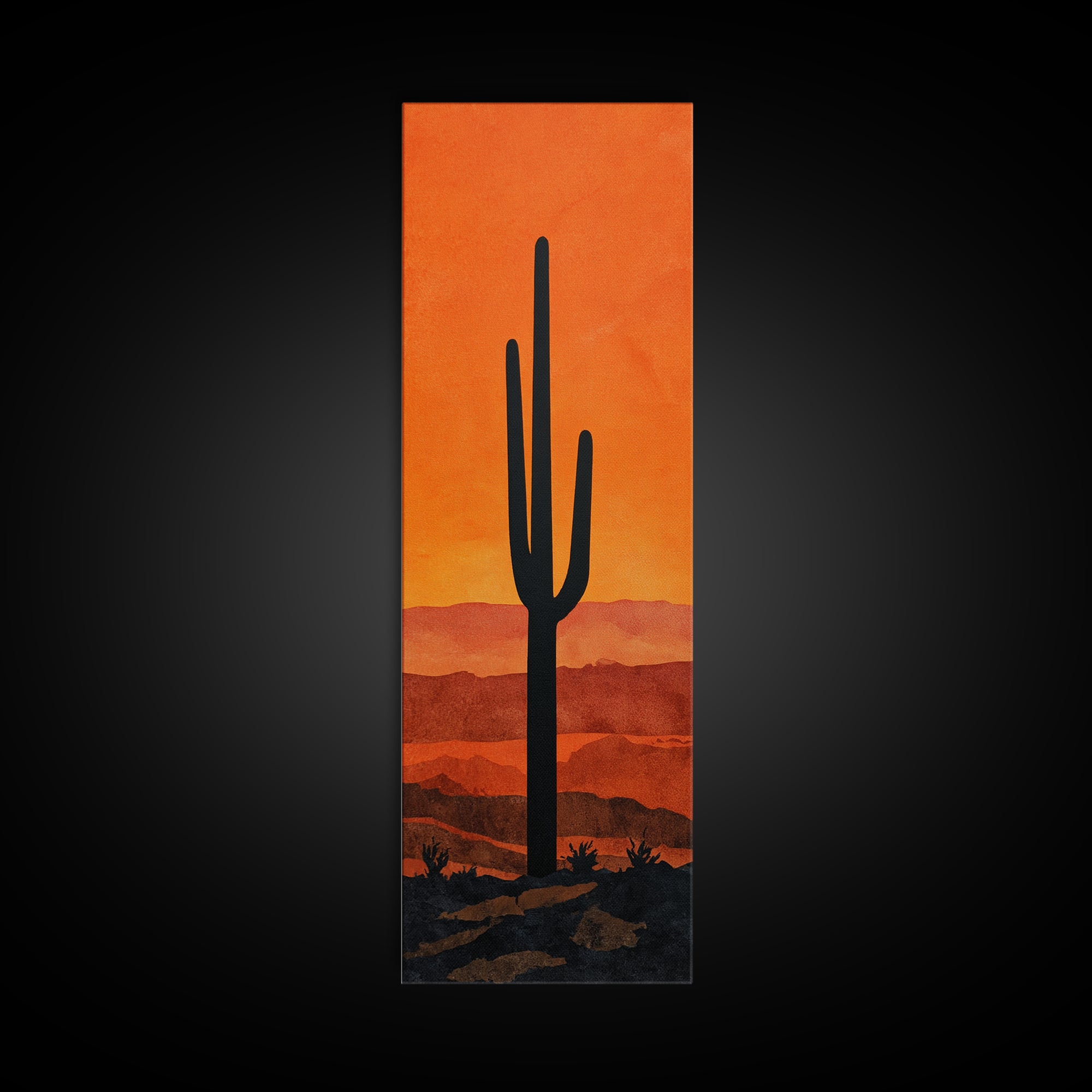 Monochrome Desert Cactus Silhouette Canvas Print, Black and White Art, Abstract Wall Art, Living Room Decor, Watercolor Art, BAW-1x3-81