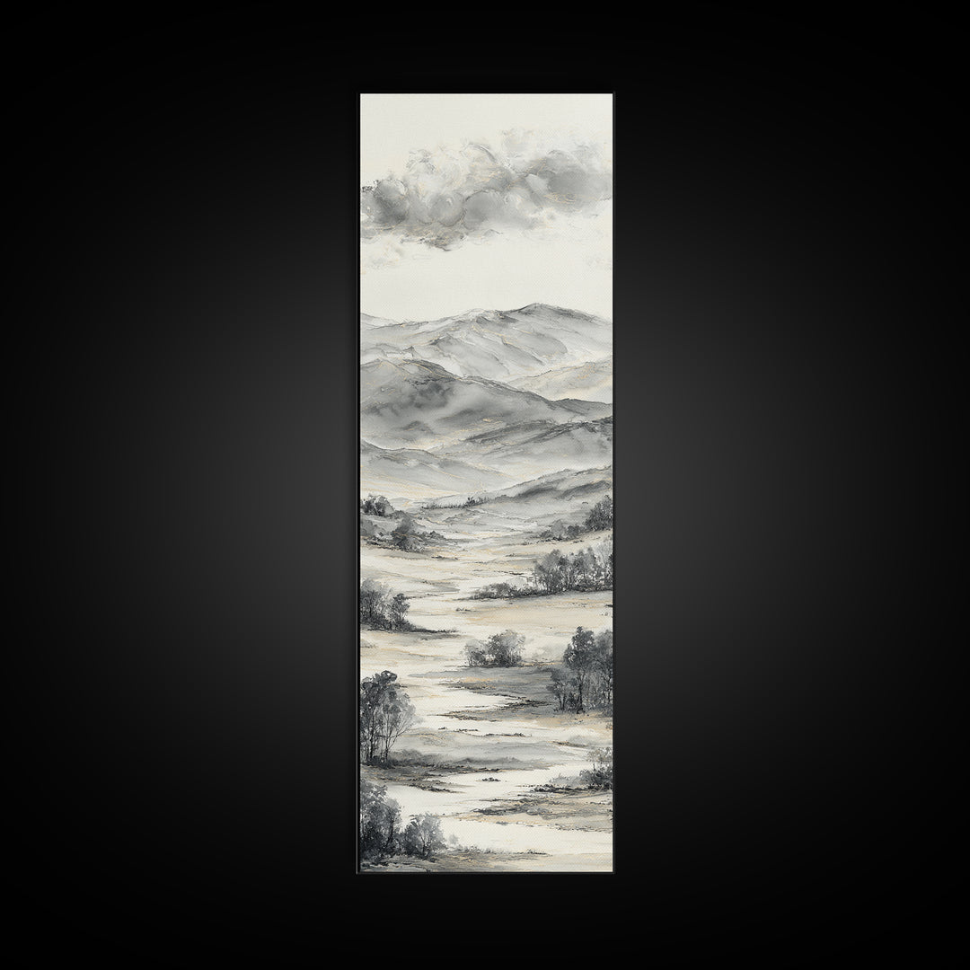 Black Ink Mountain Range Canvas Print, Black and White Art, Contemporary Art, Living Room Decor, Fine Art, Monochrome, BAW-1x3-86