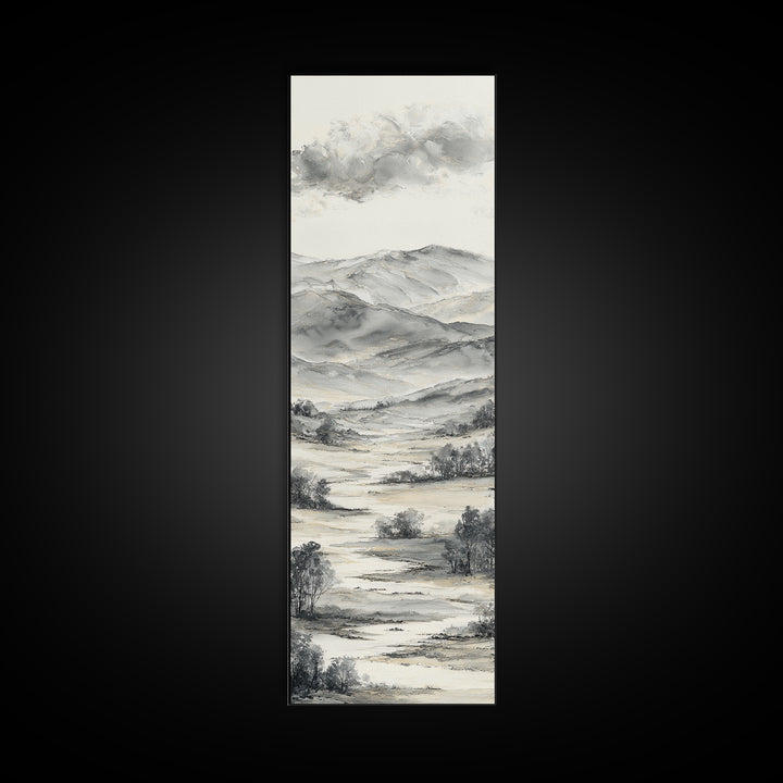 Black Ink Mountain Range Canvas Print, Black and White Art, Contemporary Art, Living Room Decor, Fine Art, Monochrome, BAW-1x3-86