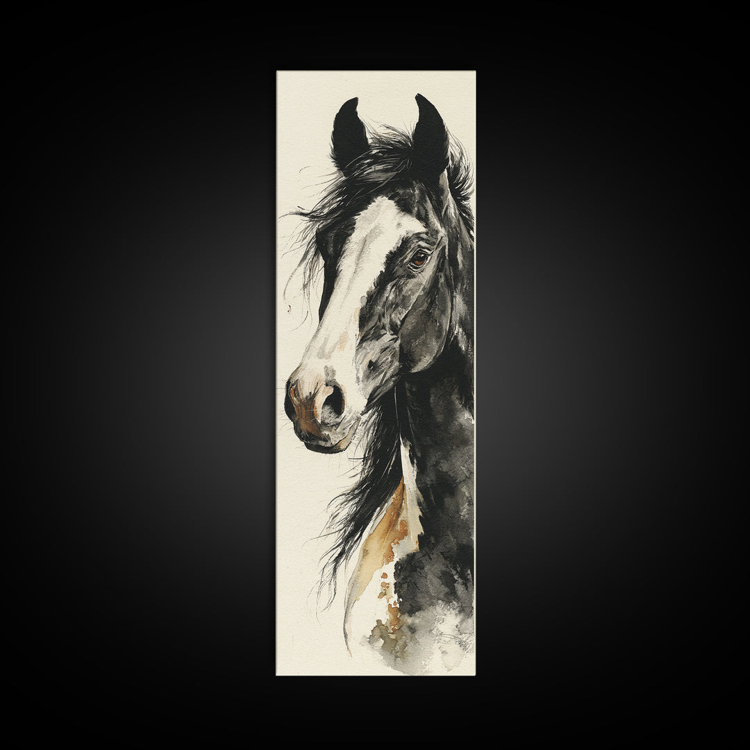 Black and White Wild Horse Portrait Canvas Print, Black and White Art, Cabin Decor, Living Room Decor, Fine Art, Monochrome, BAW-1x3-89