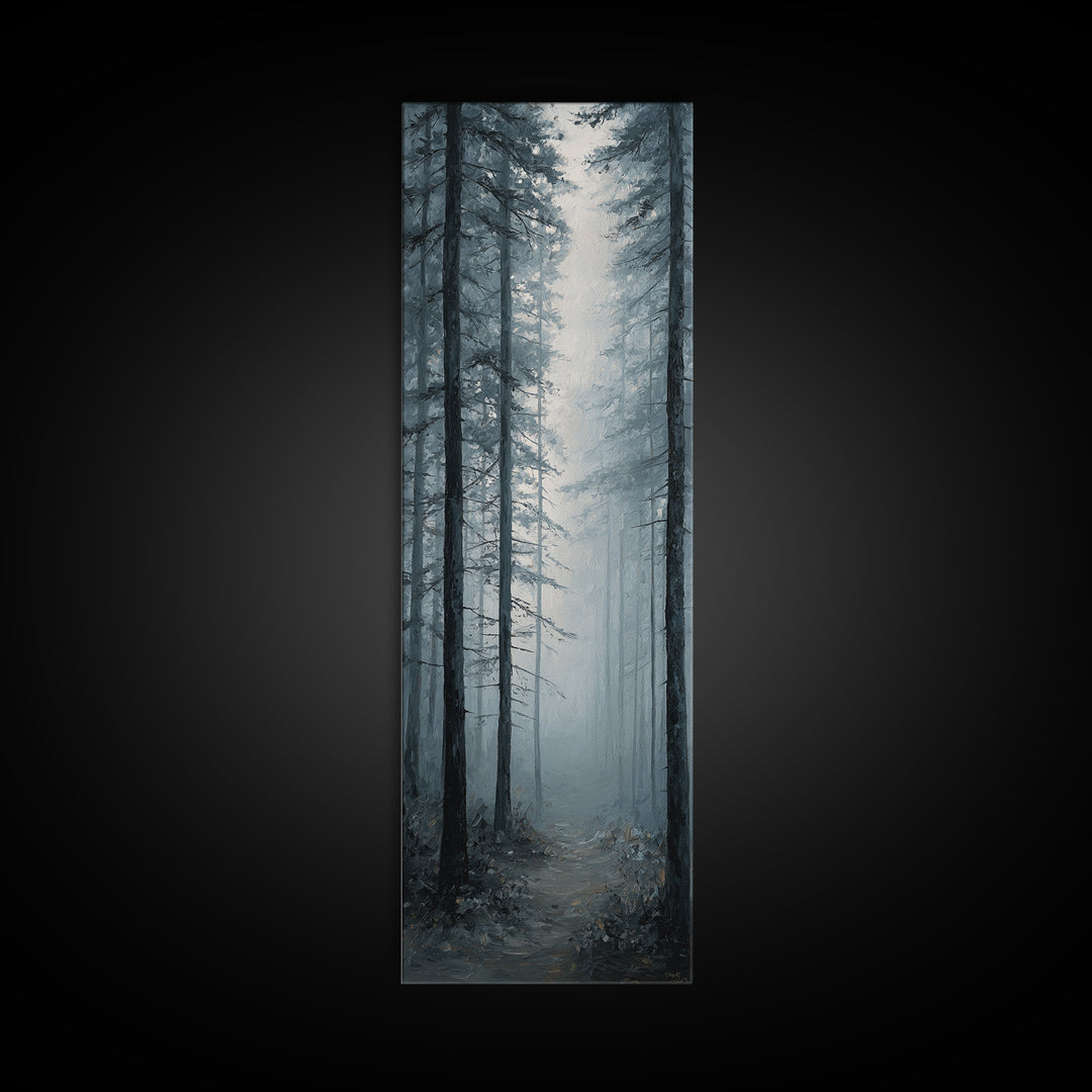 Moody Foggy Forest Framed Canvas Print, Black and White Art, Boho Decor, Living Room Decor, Monochrome, Halloween Decor, BAW-1x3-91