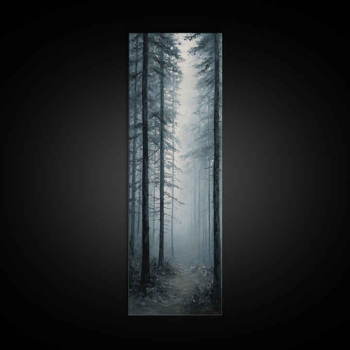 Moody Foggy Forest Framed Canvas Print, Black and White Art, Boho Decor, Living Room Decor, Monochrome, Halloween Decor, BAW-1x3-91