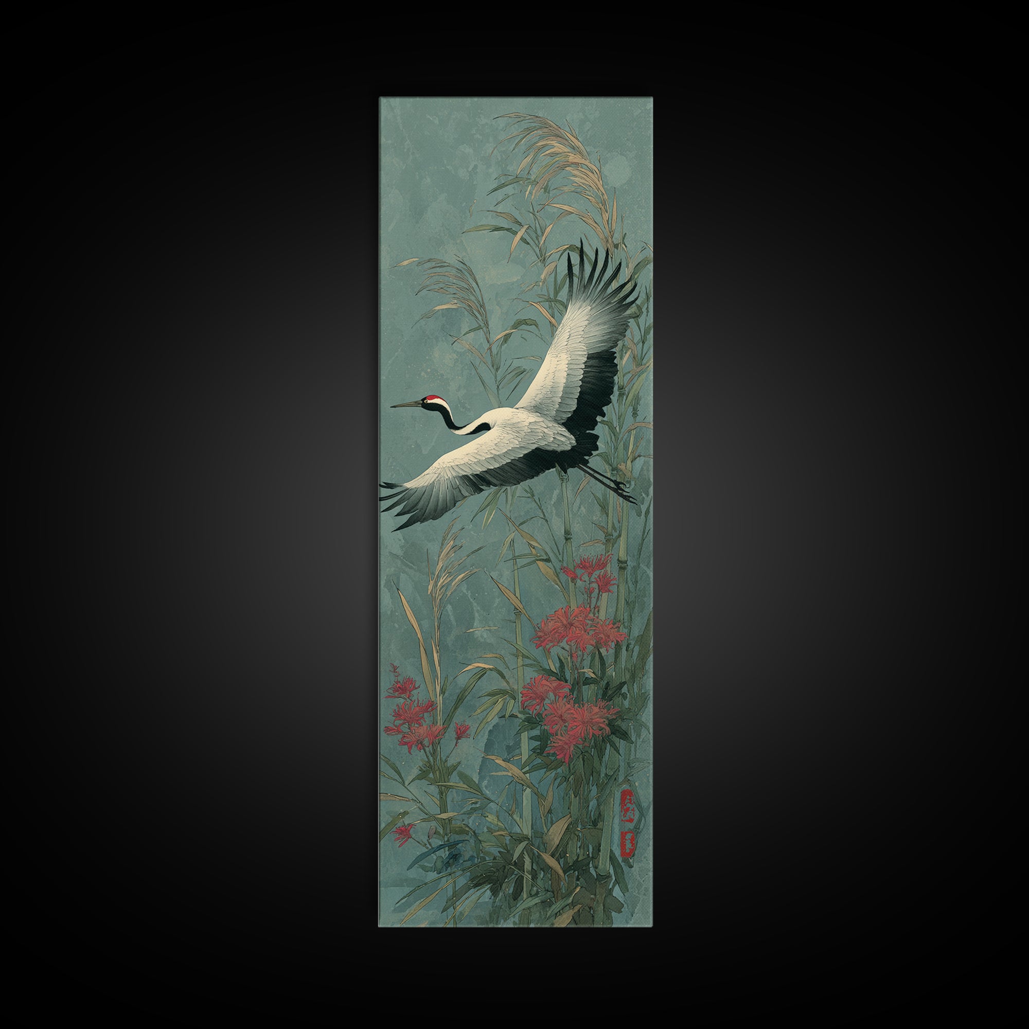 Black Ink Crane Flying Across Empty Sky Canvas Print, Black and White Art, Boho Decor, Living Room Decor, Oil Painting, BAW-1x3-97