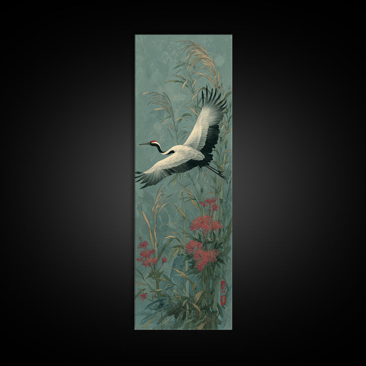 Black Ink Crane Flying Across Empty Sky Canvas Print, Black and White Art, Boho Decor, Living Room Decor, Oil Painting, BAW-1x3-97
