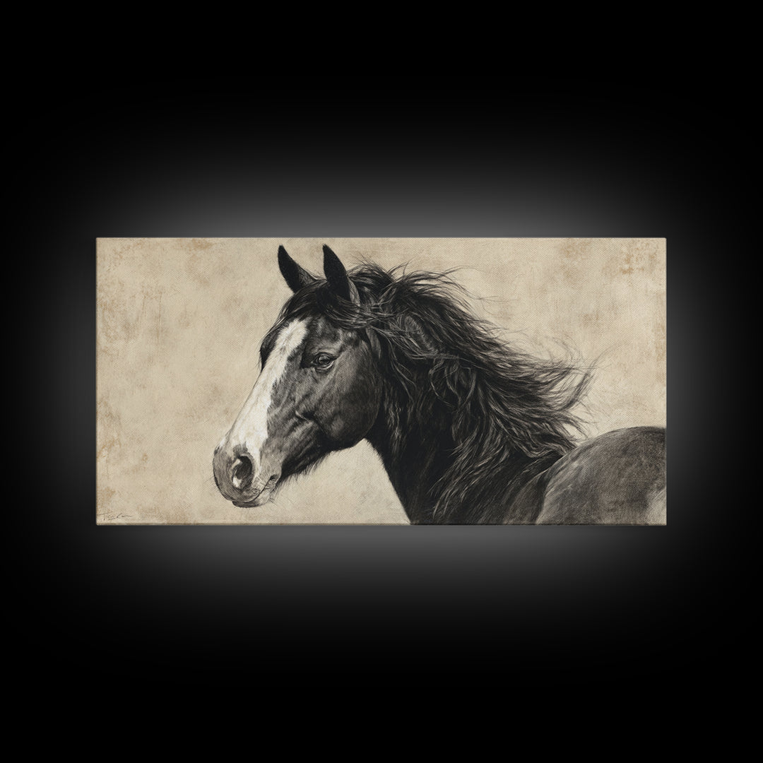 Black and White Wild Horse Portrait Framed Canvas Print, Black and White Art, Art Print, Living Room Decor, Monochrome, BAW-2x1-1