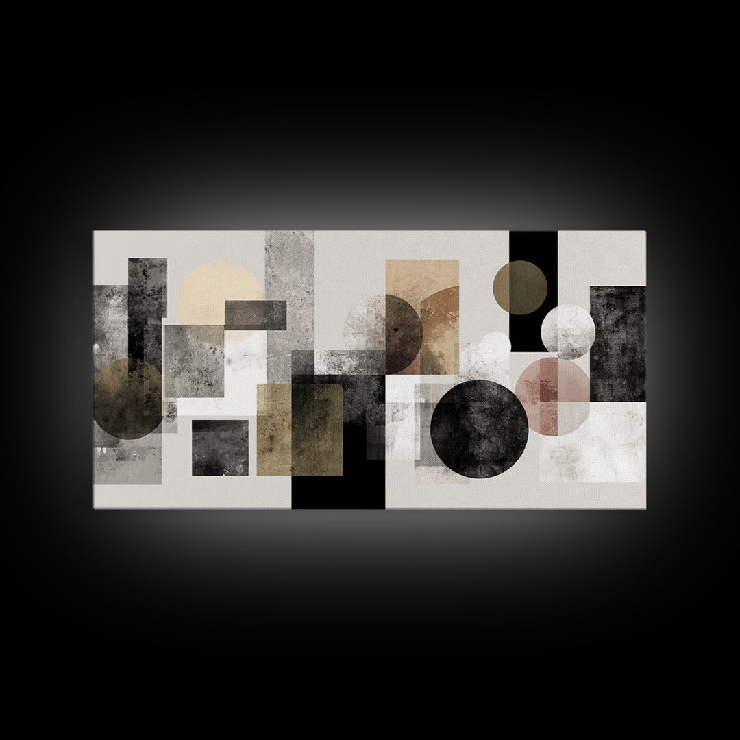 Geometric Bauhaus Grayscale Shapes Framed Canvas Print, Black and White Art, Luxury Decor, Living Room Decor, Abstract Art, BAW-2x1-14