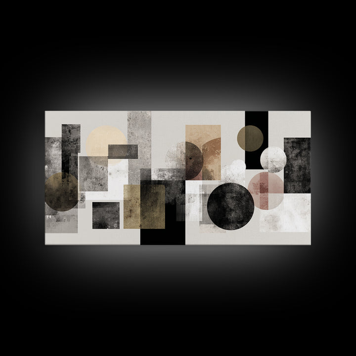 Geometric Bauhaus Grayscale Shapes Framed Canvas Print, Black and White Art, Luxury Decor, Living Room Decor, Abstract Art, BAW-2x1-14