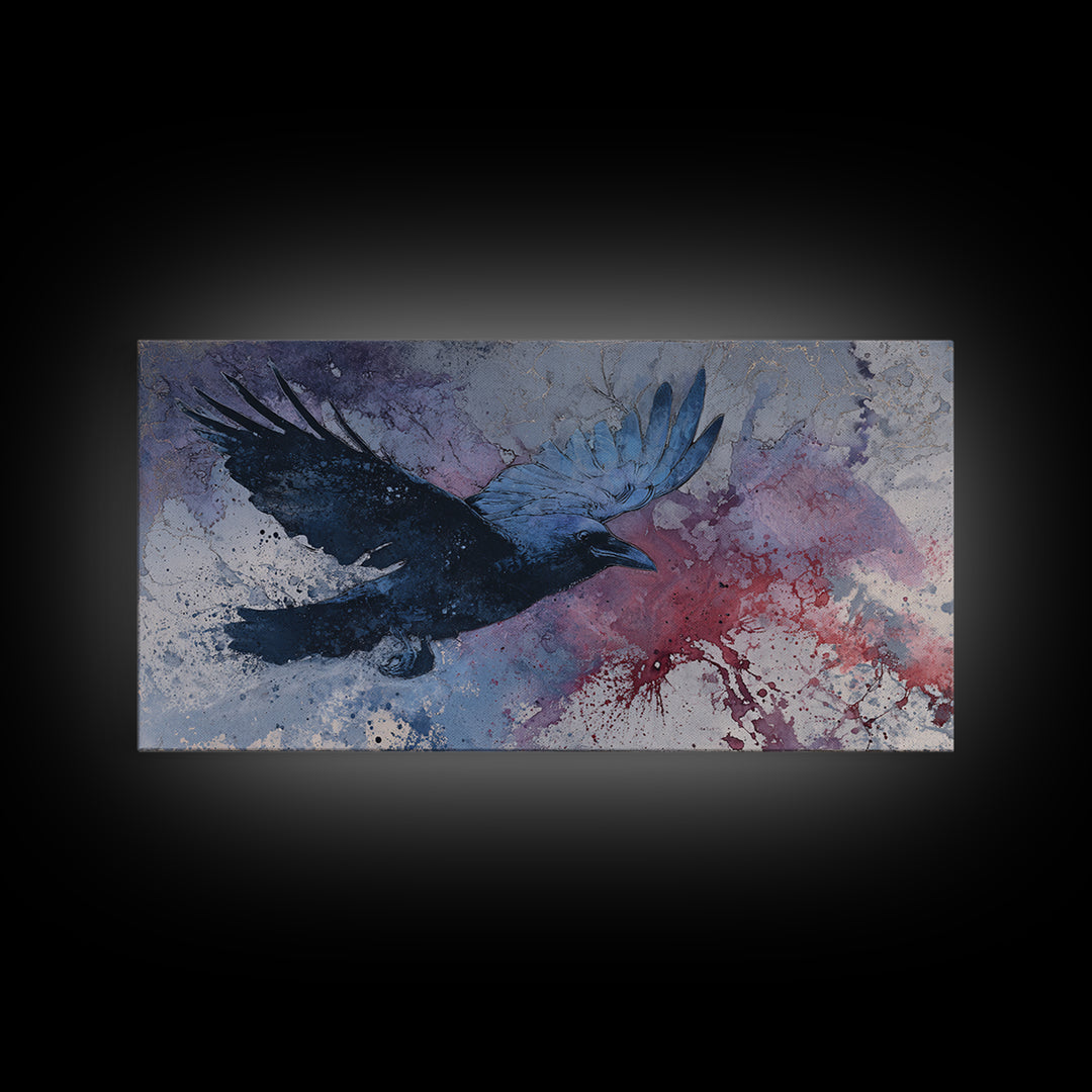 Ink Splatter Raven Composition Framed Canvas Print, Black and White Art, Fine Art Print, Living Room Decor, Monochrome, BAW-2x1-16
