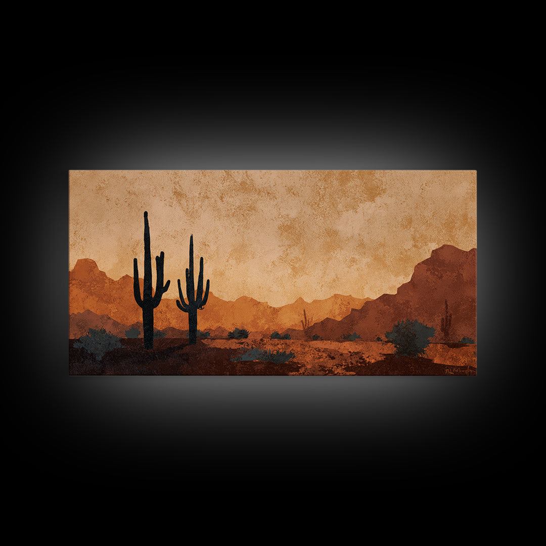 Monochrome Desert Cactus Silhouette Canvas Print, Black and White Art, Print, Living Room Decor, Watercolor Art, Monochrome, BAW-2x1-17