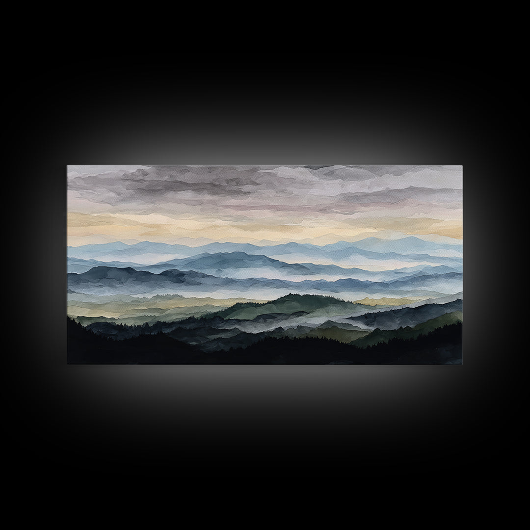 Black Ink Mountain Range Canvas Print, Black and White Art, Textured Painting, Living Room Decor, Watercolor Art, Monochrome, BAW-2x1-22