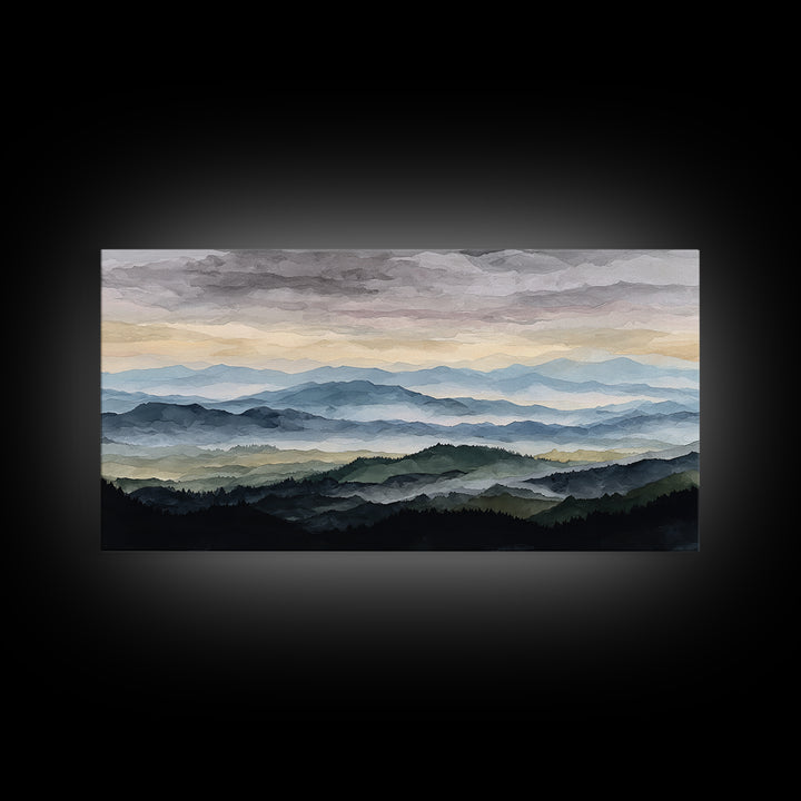 Black Ink Mountain Range Canvas Print, Black and White Art, Textured Painting, Living Room Decor, Watercolor Art, Monochrome, BAW-2x1-22