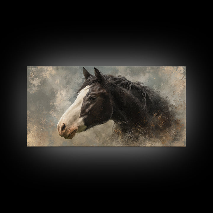 Black and White Wild Horse Portrait Framed Canvas Print, Black and White Art, Art Print, Living Room Decor, Monochrome, BAW-2x1-25