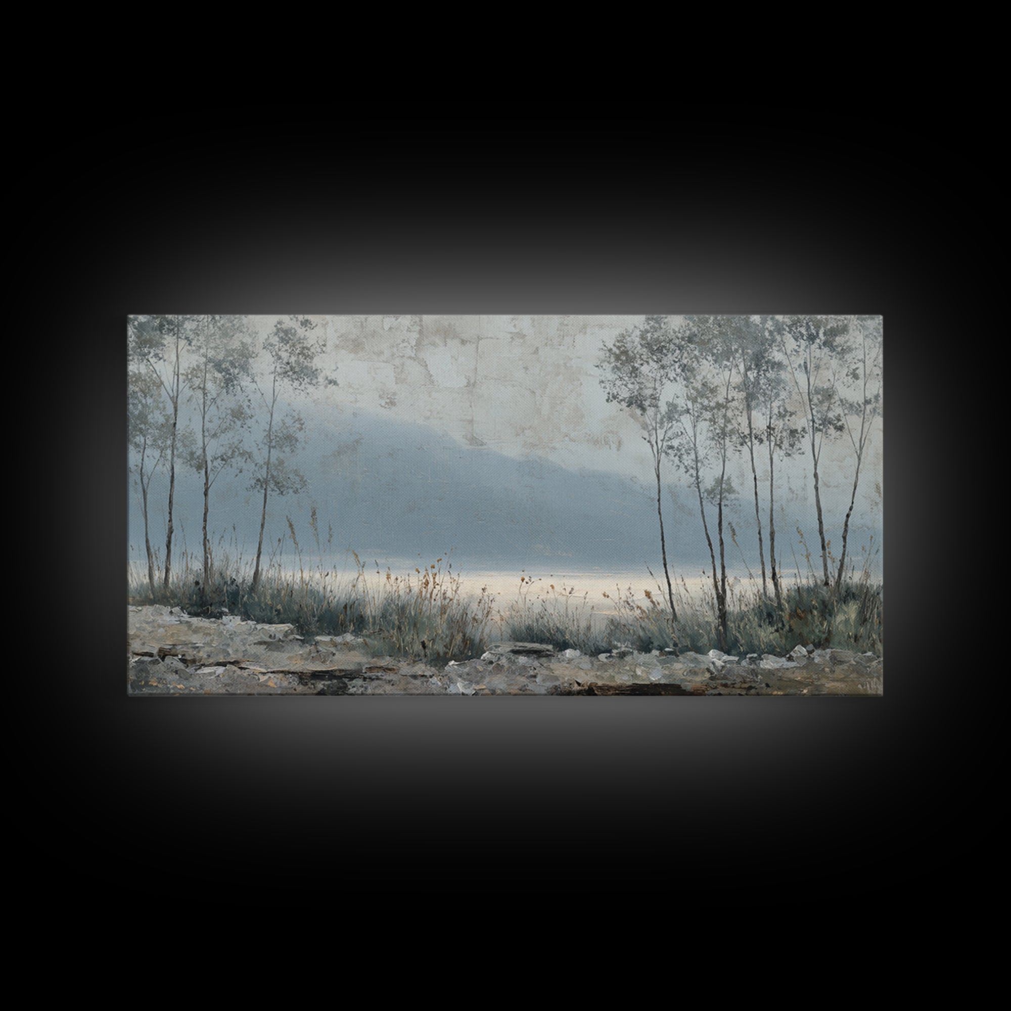 Moody Foggy Forest Framed Canvas Print, Black and White Art, Boho Decor, Living Room Decor, Monochrome, Halloween Decor, BAW-2x1-27