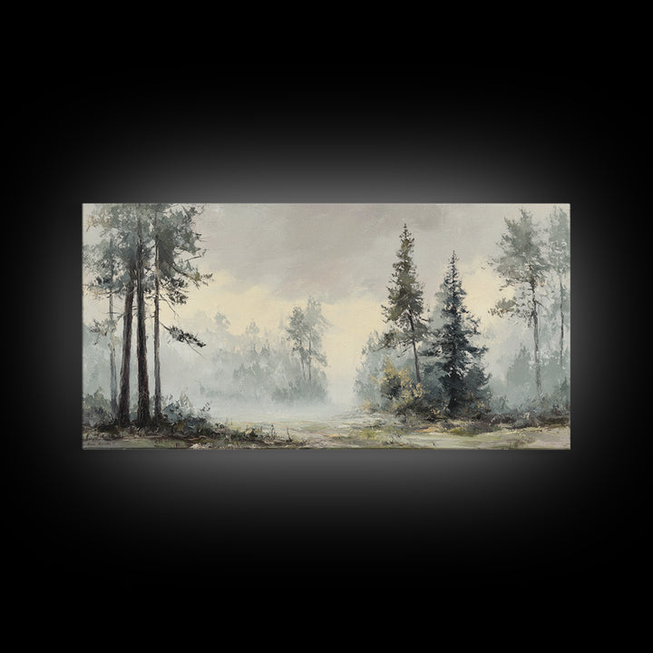 Moody Foggy Forest Framed Canvas Print, Black and White Art, Gothic Decor, Living Room Decor, Oil Painting, Monochrome, BAW-2x1-3