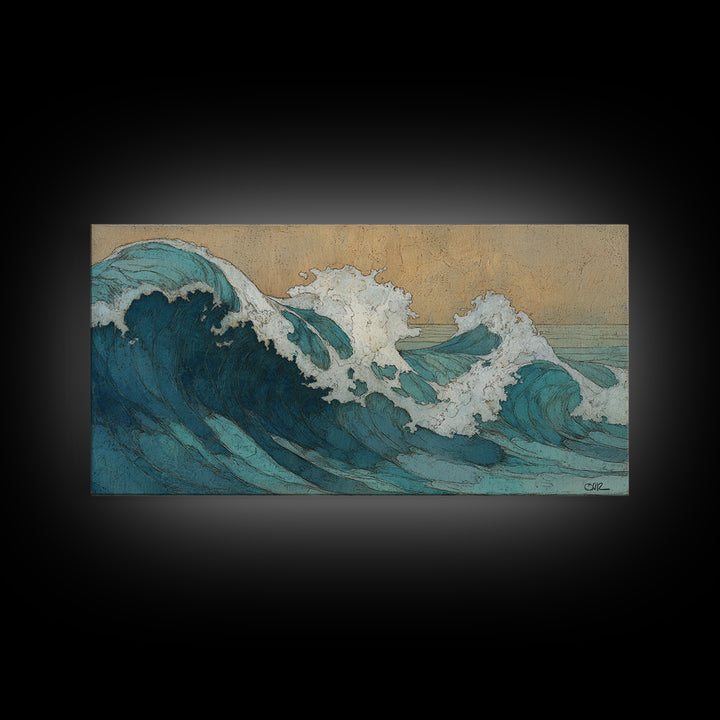 Stormy Ocean Wave Framed Canvas Print, Black and White Art, Minimalist Decor, Living Room Decor, Oil Painting, Monochrome, BAW-2x1-30