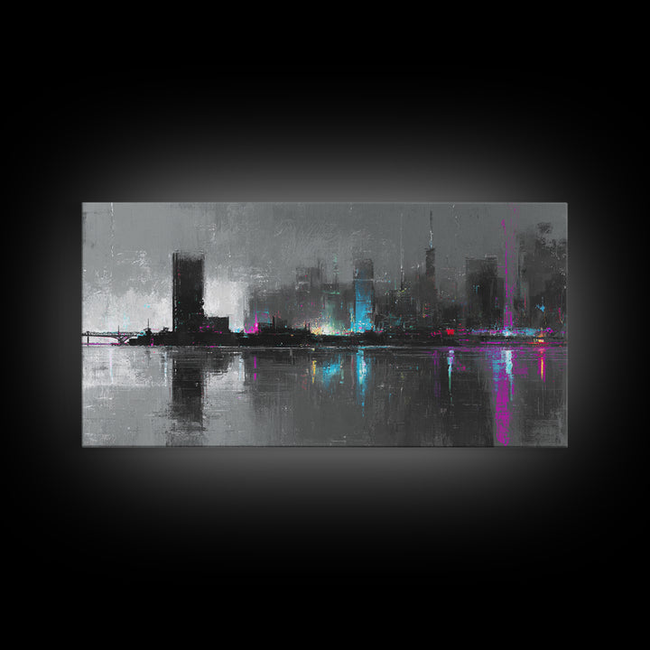 Monochrome City Skyline Reflected Canvas Print, Black and White Art, Living Room Decor, Abstract Art, Monochrome, BAW-2x1-31