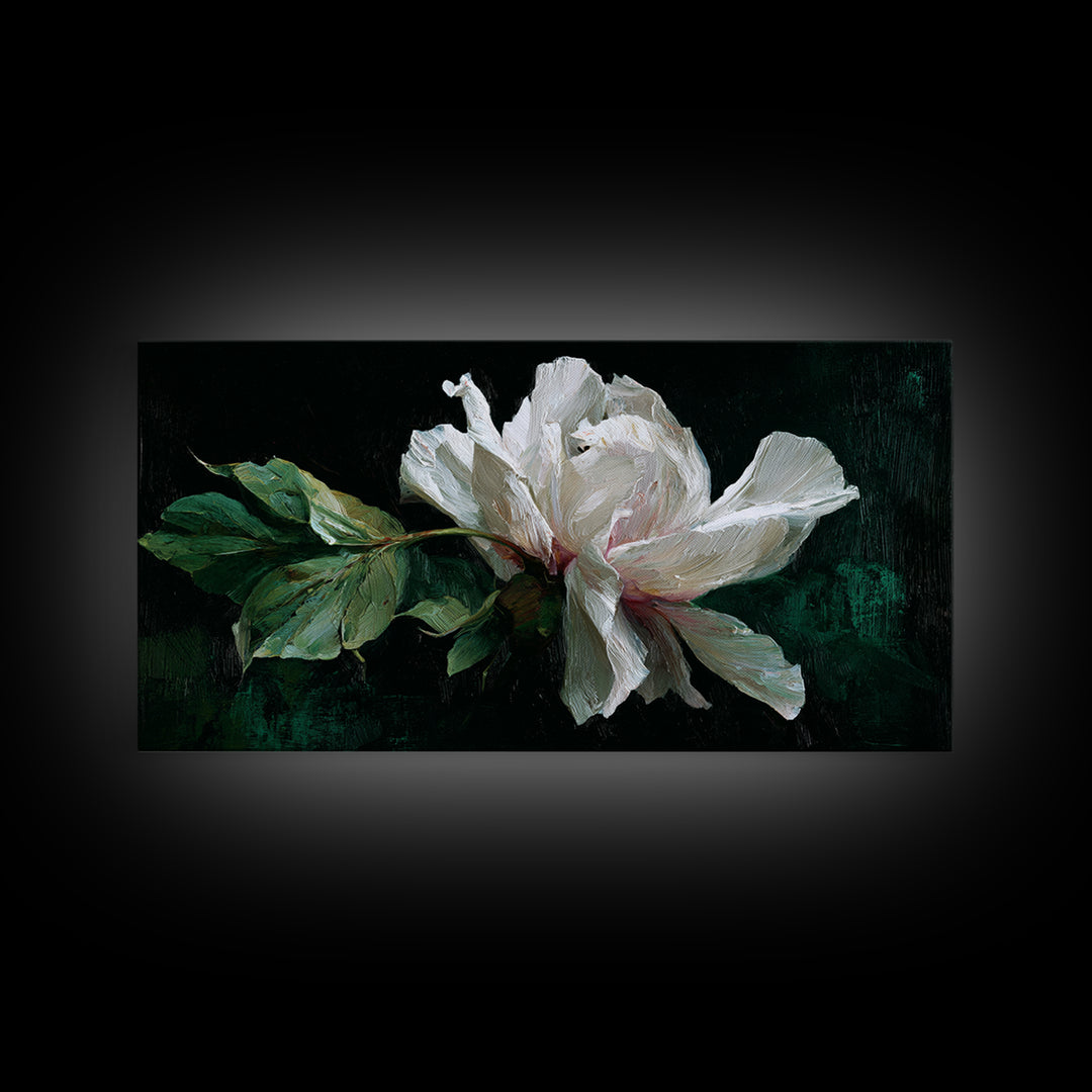 White Flower on Deep Black Background Canvas Print, Black and White Art, Wall Art, Living Room Decor, Watercolor Art, BAW-2x1-32