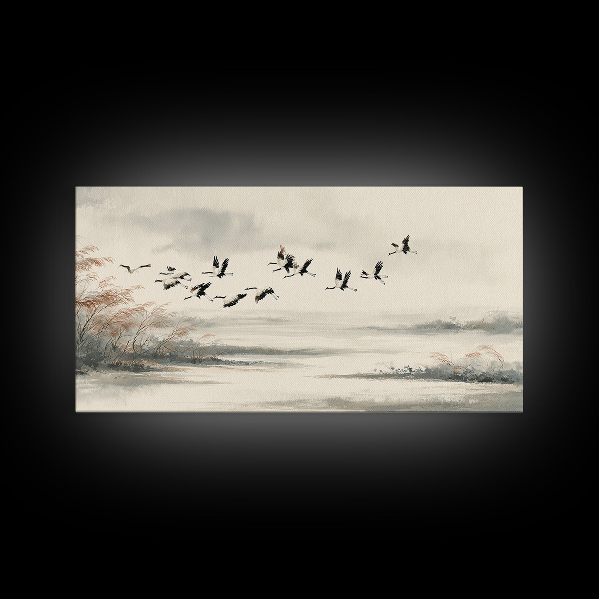 Black Ink Crane Flying Across Empty Sky Canvas Print, Black and White Art, Digital Prints, Living Room Decor, Monochrome, BAW-2x1-33
