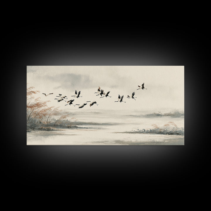 Black Ink Crane Flying Across Empty Sky Canvas Print, Black and White Art, Digital Prints, Living Room Decor, Monochrome, BAW-2x1-33
