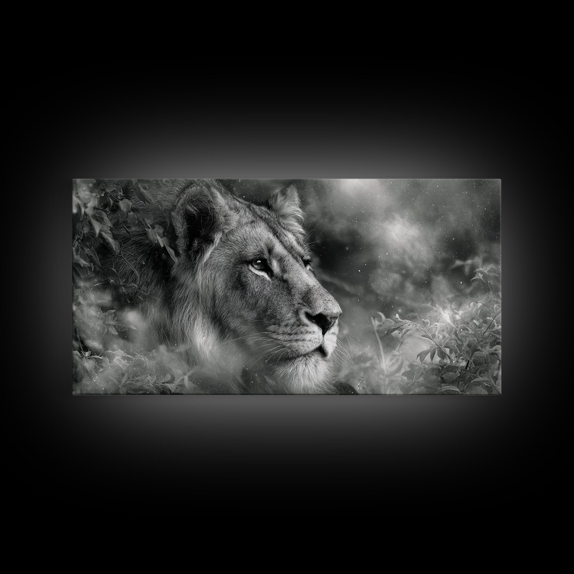 Dramatic Black and White Lion Portrait Canvas Print, Black and White Art, Halloween Decor, Living Room Decor, Monochrome, BAW-2x1-37