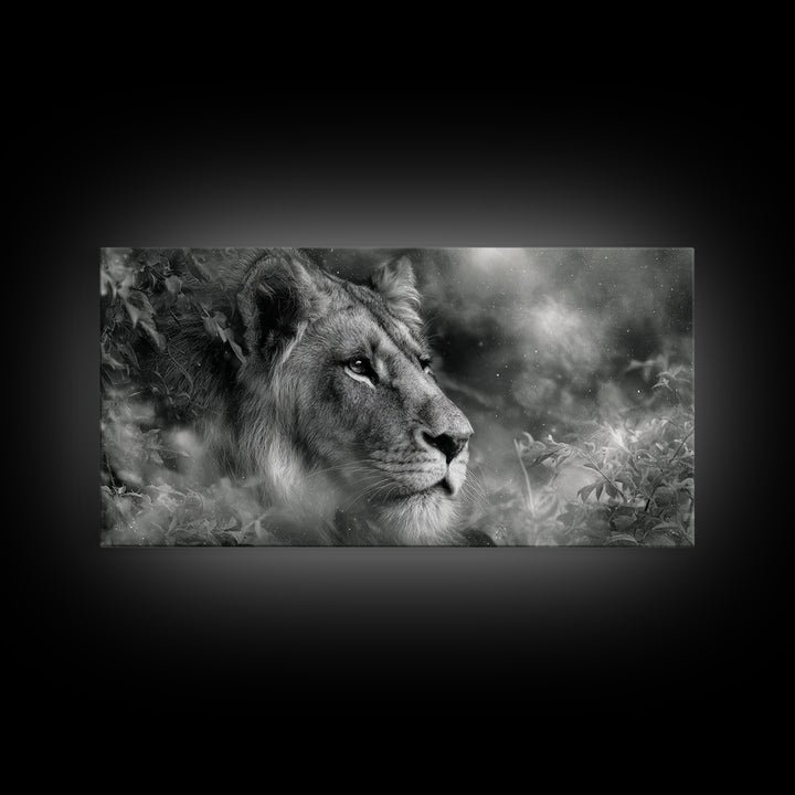 Dramatic Black and White Lion Portrait Canvas Print, Black and White Art, Halloween Decor, Living Room Decor, Monochrome, BAW-2x1-37