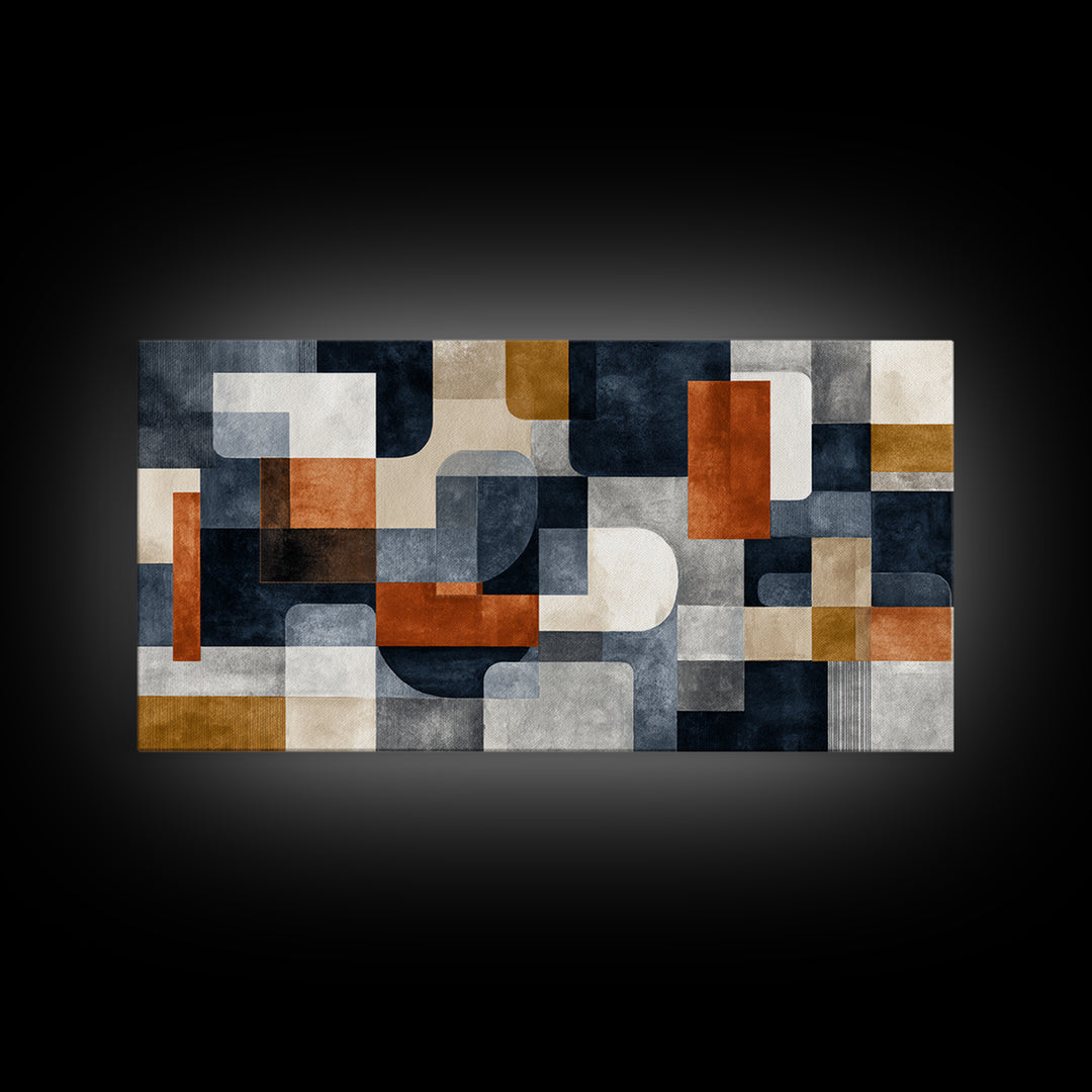 Geometric Bauhaus Grayscale Shapes Framed Canvas Print, Black and White Art, Luxury Decor, Living Room Decor, Abstract Art, BAW-2x1-38