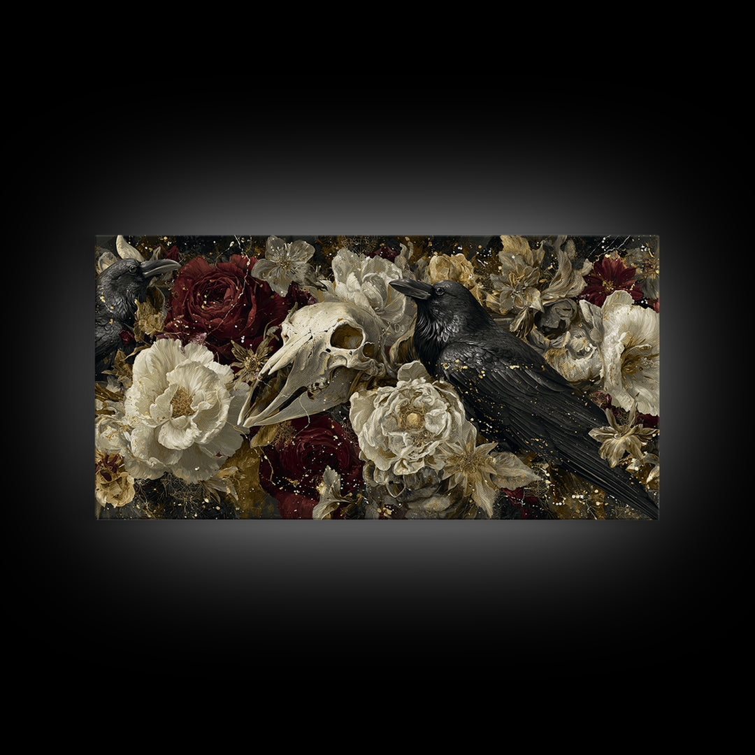 Ink Splatter Raven Composition Framed Canvas Print, Black and White Art, Art, Living Room Decor, Fine Art, Monochrome, BAW-2x1-40
