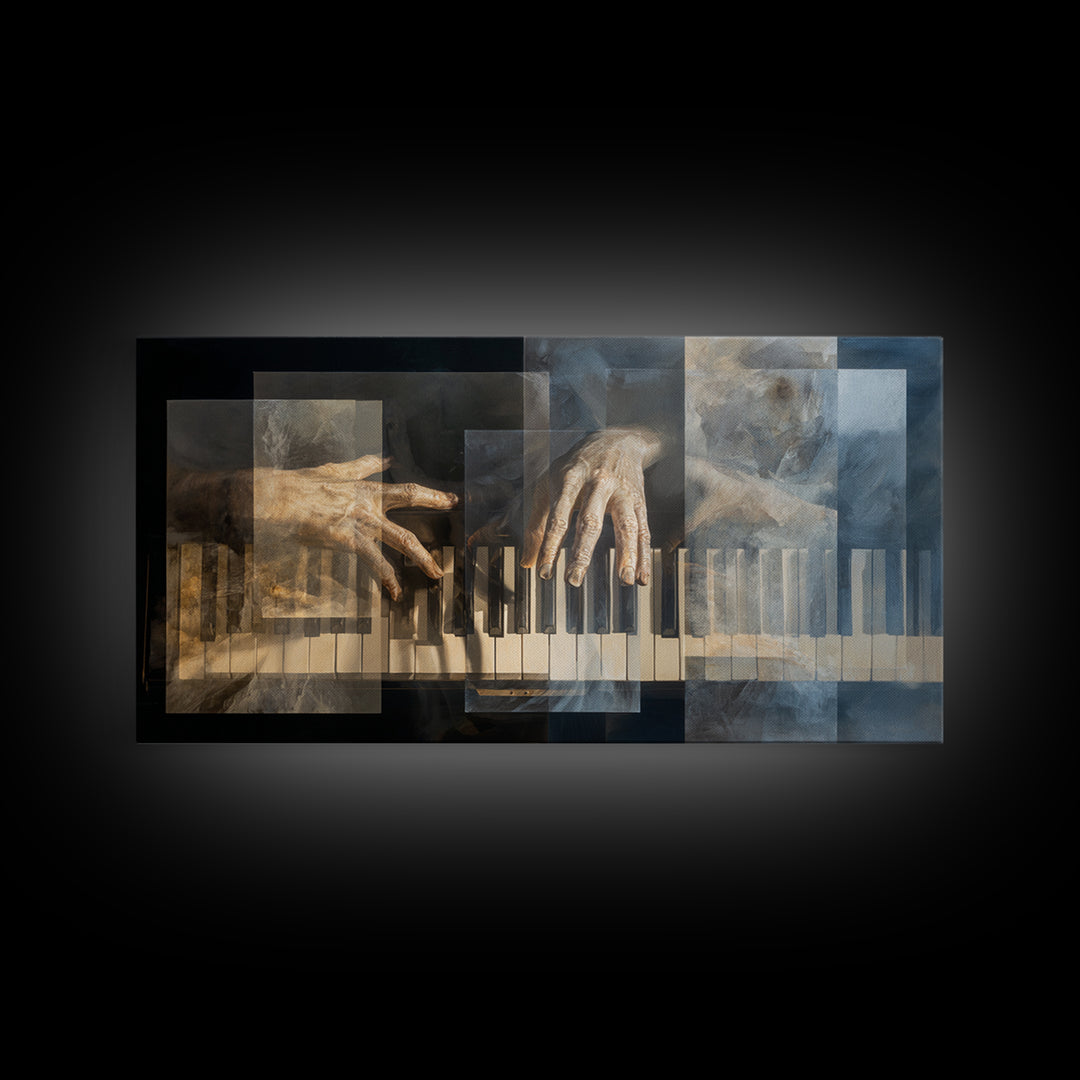 Piano Keys and Hands Framed Canvas Print, Black and White Art, Room Decor, Living Room Decor, Fine Art, Monochrome, Art Print, BAW-2x1-42