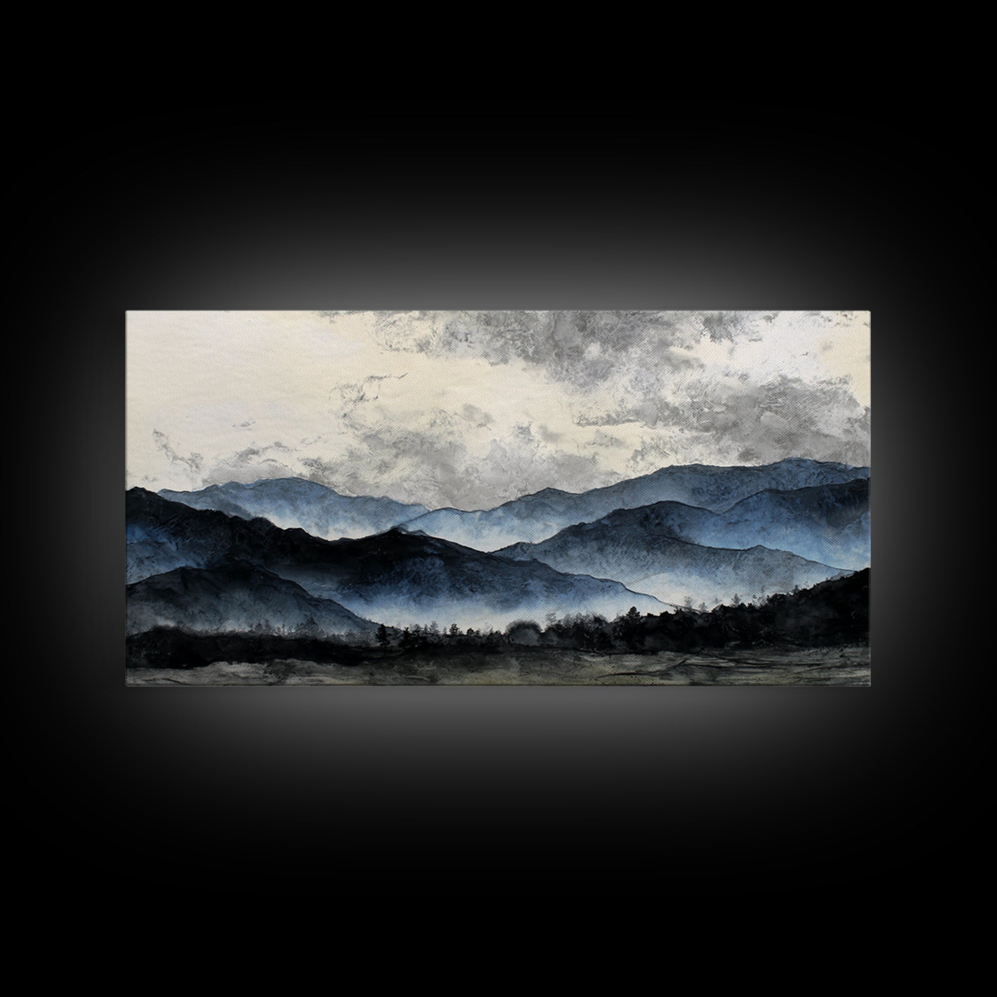 Black Ink Mountain Range Framed Canvas Print, Black and White Art, Art, Living Room Decor, Fine Art, Monochrome, Original Art, BAW-2x1-46