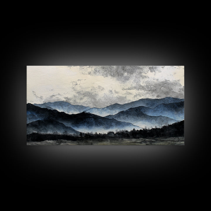 Black Ink Mountain Range Framed Canvas Print, Black and White Art, Art, Living Room Decor, Fine Art, Monochrome, Original Art, BAW-2x1-46
