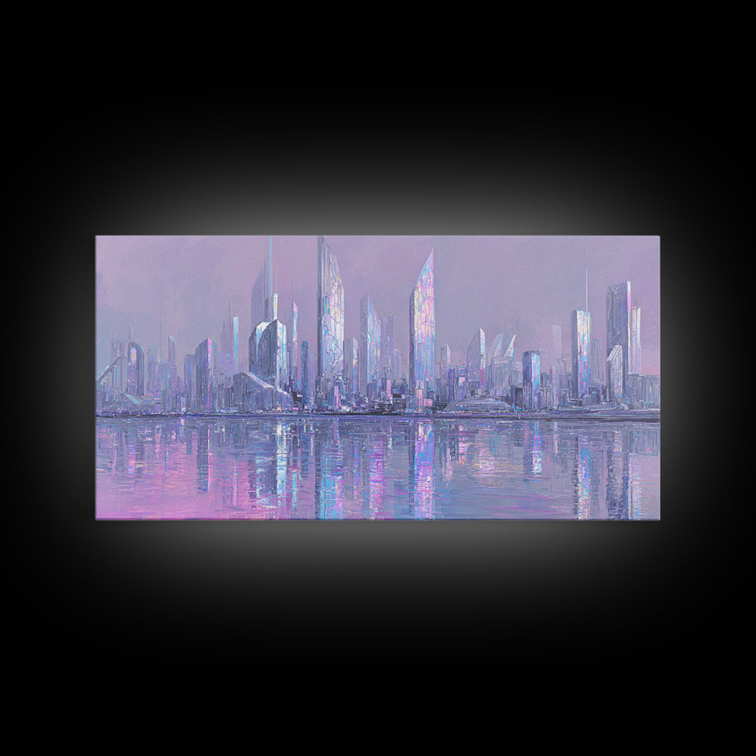 Monochrome City Skyline Reflected Framed Canvas Print, Black and White Art, Wood Wall Art, Living Room Decor, Monochrome, BAW-2x1-55