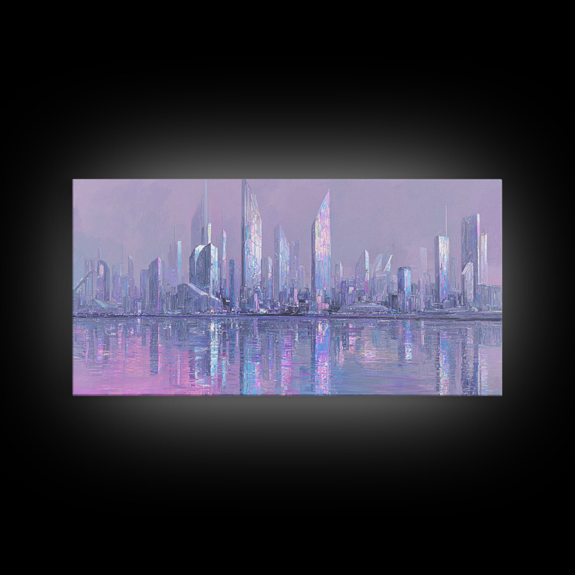 Monochrome City Skyline Reflected Framed Canvas Print, Black and White Art, Wood Wall Art, Living Room Decor, Monochrome, BAW-2x1-55