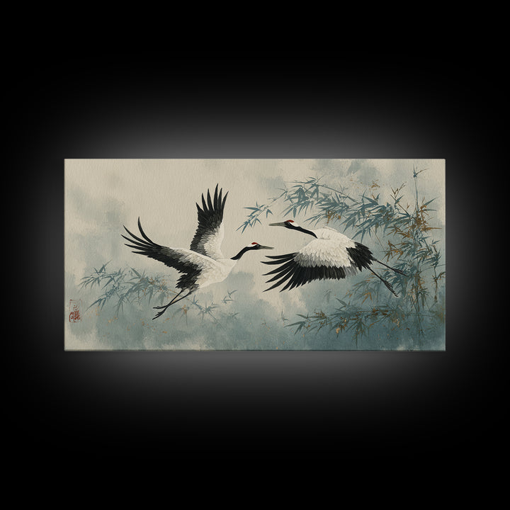 Black Ink Crane Flying Across Empty Sky Canvas Print, Black and White Art, Printable, Living Room Decor, Fine Art, Monochrome, BAW-2x1-57