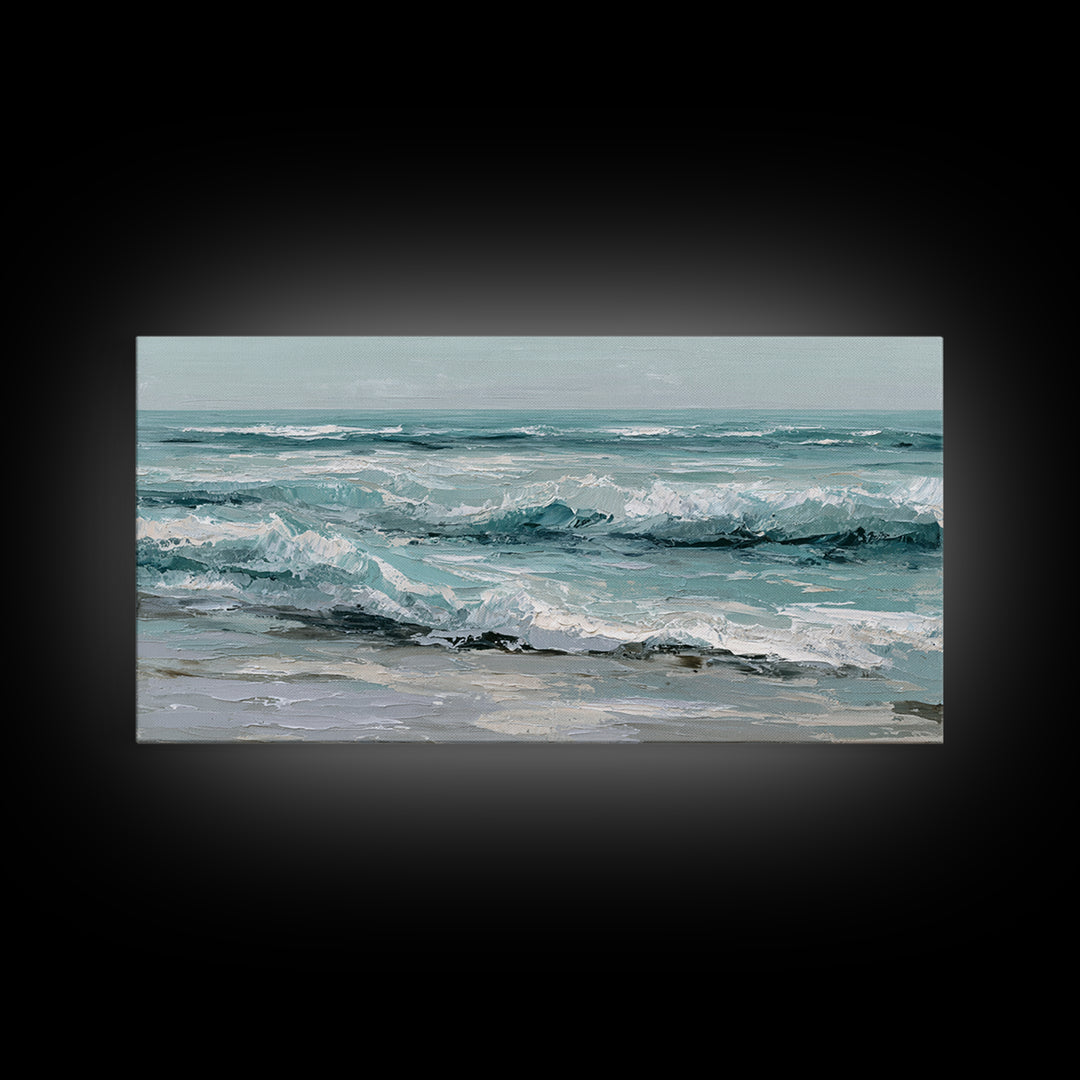 Stormy Ocean Wave Framed Canvas Print, Black and White Art, Minimalist Decor, Living Room Decor, Oil Painting, Monochrome, BAW-2x1-6