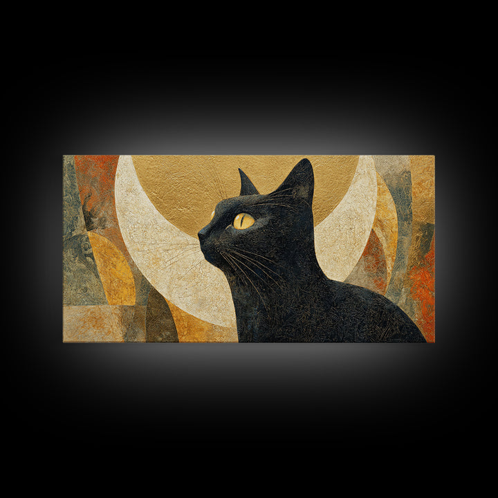 Black Cat Silhouette Framed Canvas Print, Black and White Art, Art Prints, Living Room Decor, Oil Painting, Monochrome, BAW-2x1-60