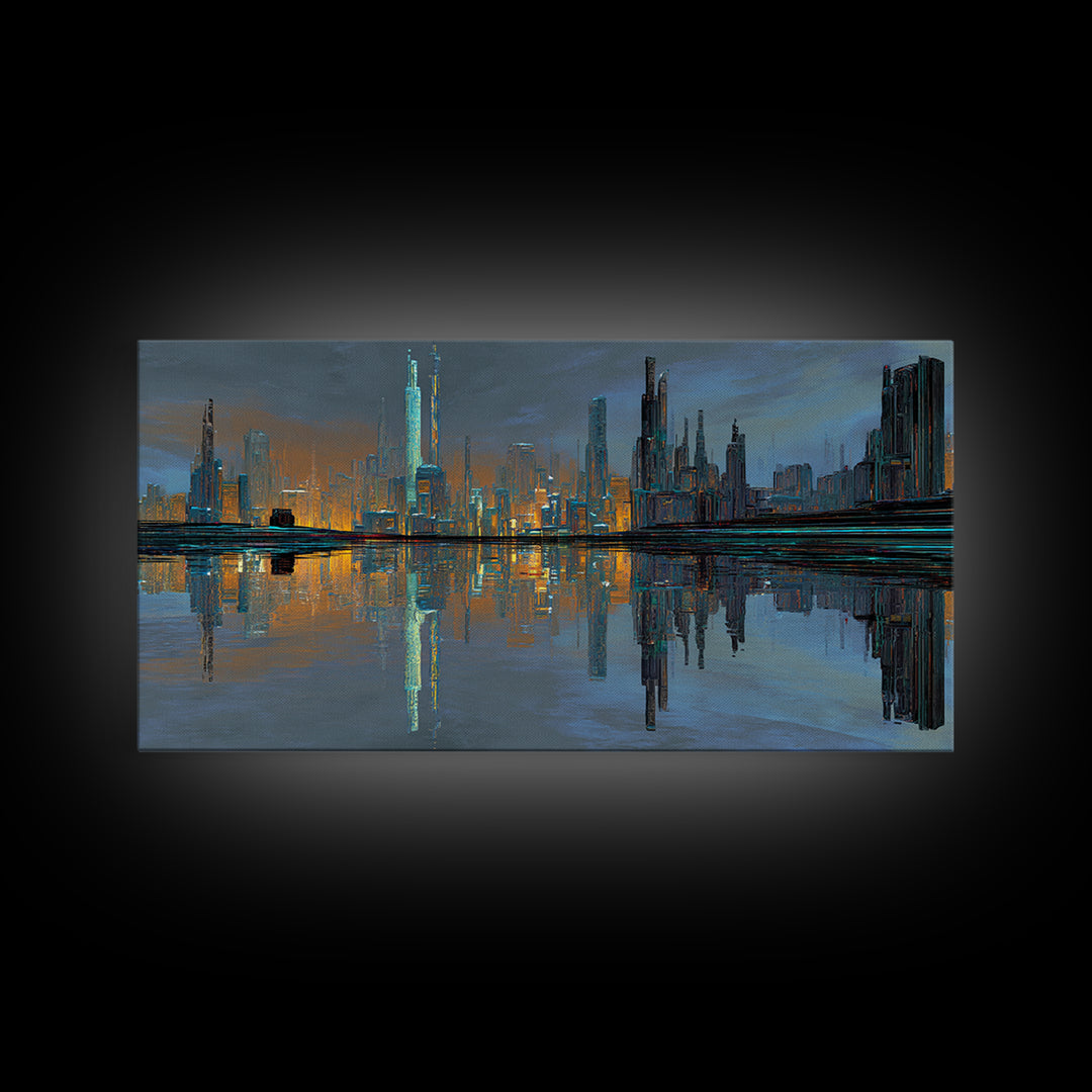 Monochrome City Skyline Reflected Framed Canvas Print, Black and White Art, Halloween Decor, Living Room Decor, Abstract Art, BAW-2x1-7