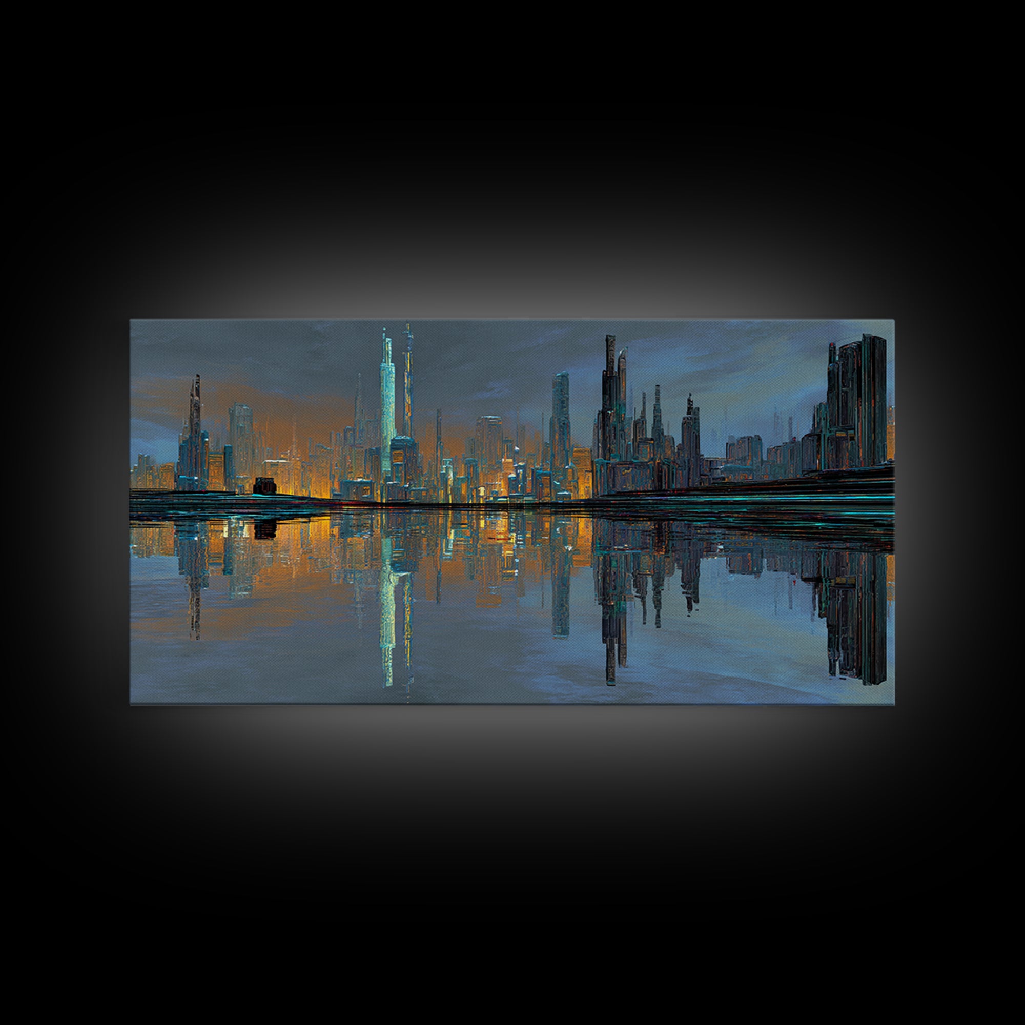 Monochrome City Skyline Reflected Framed Canvas Print, Black and White Art, Halloween Decor, Living Room Decor, Abstract Art, BAW-2x1-7