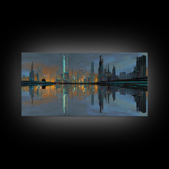 Monochrome City Skyline Reflected Framed Canvas Print, Black and White Art, Halloween Decor, Living Room Decor, Abstract Art, BAW-2x1-7