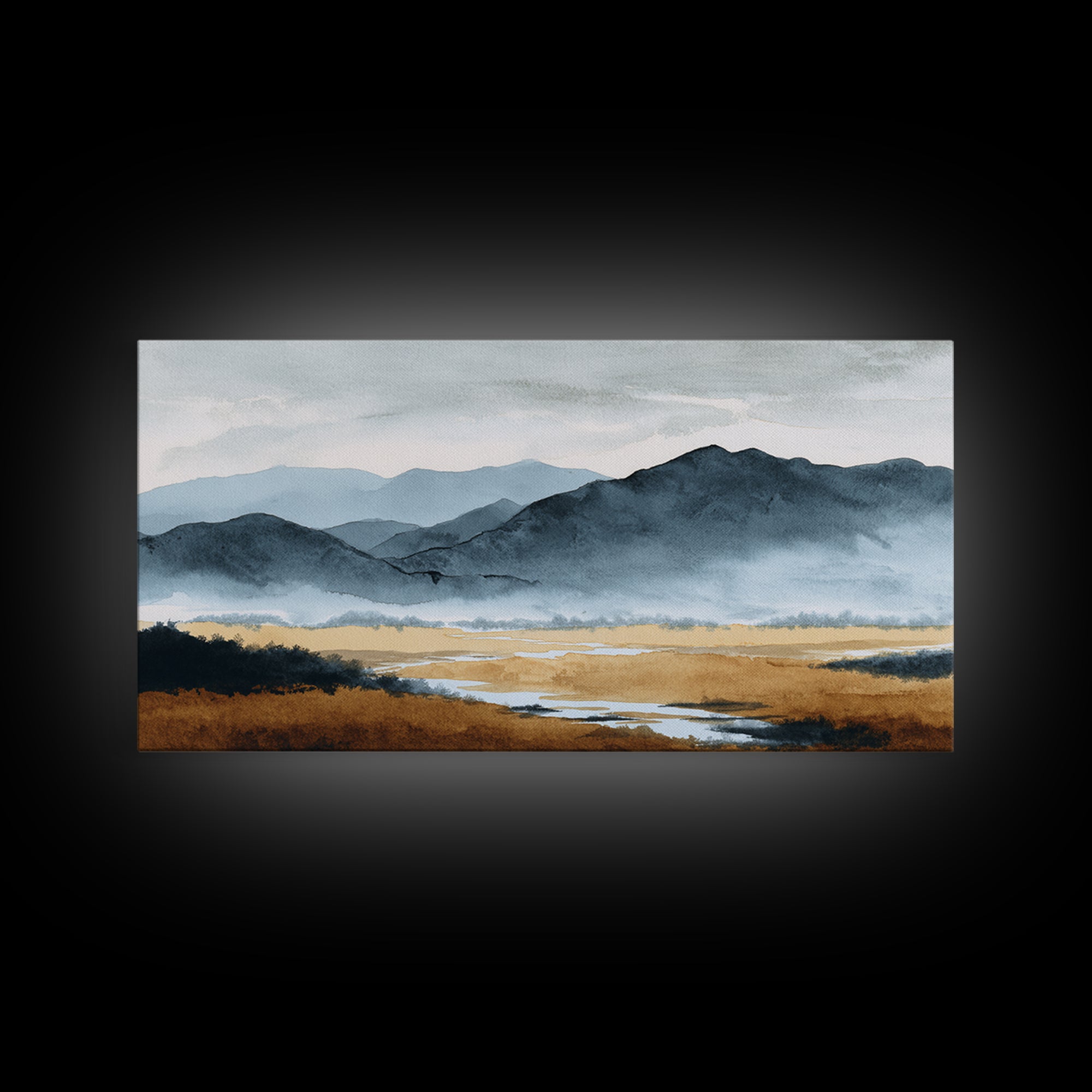 Black Ink Mountain Range Canvas Print, Black and White Art, Living Room Decor, Oil Painting, Monochrome, Abstract Wall Art, BAW-2x1-70