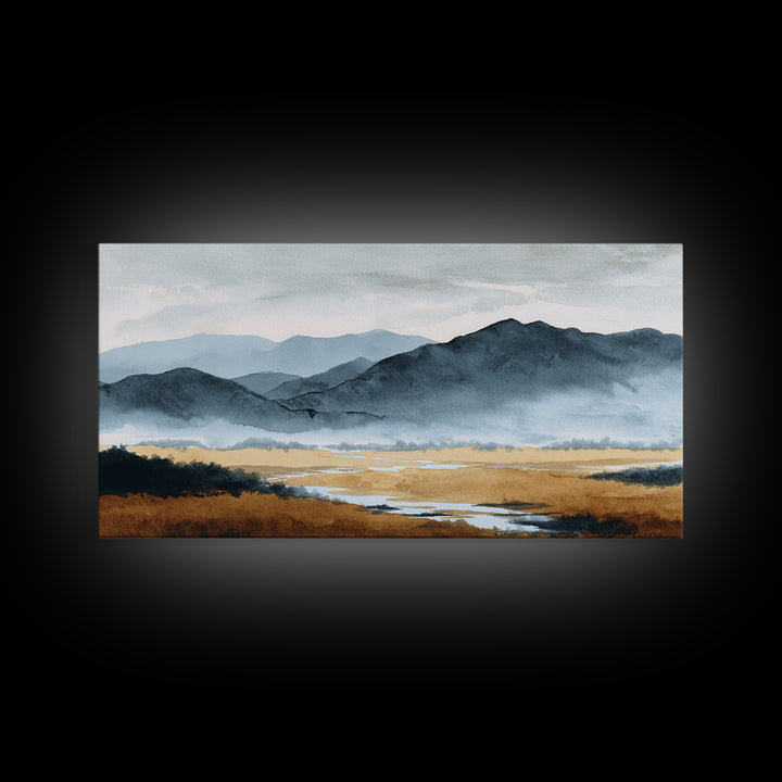 Black Ink Mountain Range Canvas Print, Black and White Art, Living Room Decor, Oil Painting, Monochrome, Abstract Wall Art, BAW-2x1-70