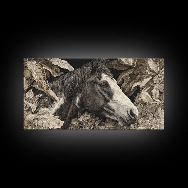 Black and White Wild Horse Portrait Canvas Print, Black and White Art, Large Wall Art, Living Room Decor, Fine Art, Monochrome, BAW-2x1-73