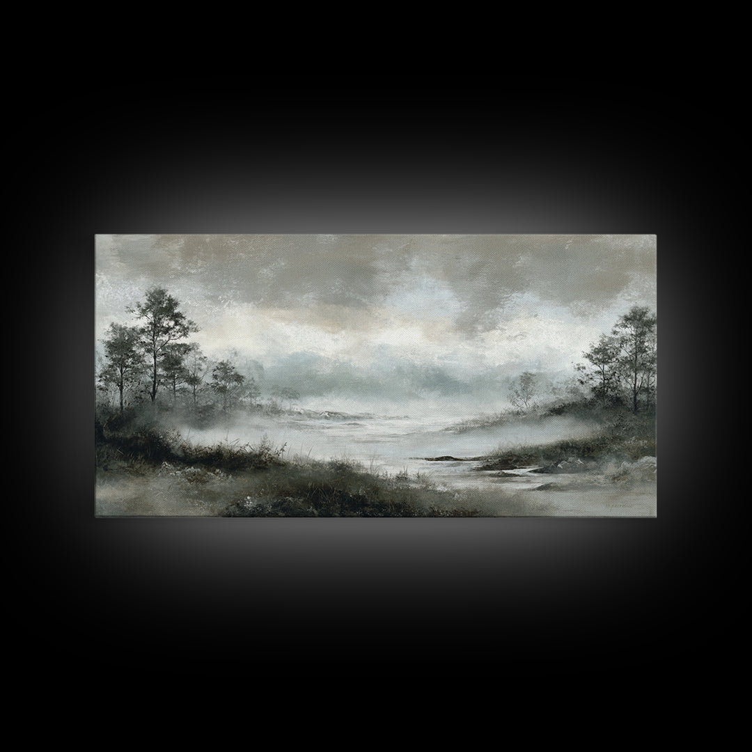 Moody Foggy Forest Framed Canvas Print, Black and White Art, Room Decor, Living Room Decor, Fine Art, Monochrome, Art Print, BAW-2x1-75