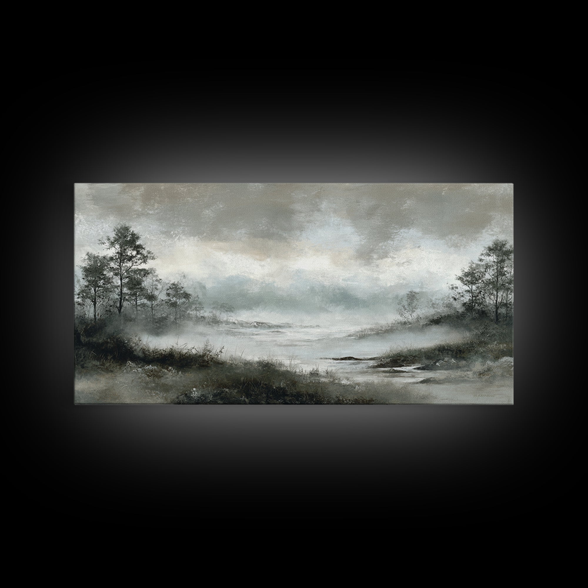 Moody Foggy Forest Framed Canvas Print, Black and White Art, Room Decor, Living Room Decor, Fine Art, Monochrome, Art Print, BAW-2x1-75