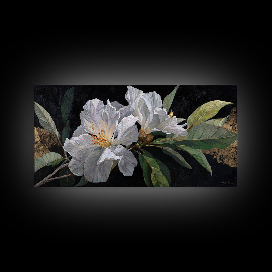 White Flower on Deep Black Background Canvas Print, Black and White Art, Luxury Decor, Living Room Decor, Monochrome, BAW-2x1-8