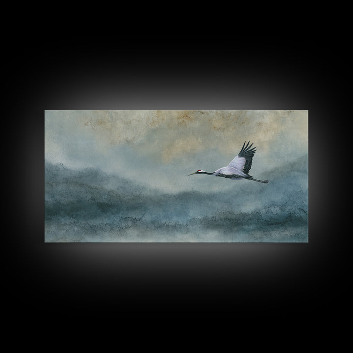 Black Ink Crane Flying Across Empty Sky Canvas Print, Black and White Art, Abstract Art, Living Room Decor, Monochrome, BAW-2x1-81